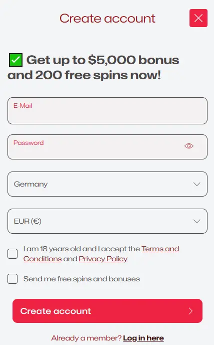 Registration form at Ruby Reels casino to create a new player account.