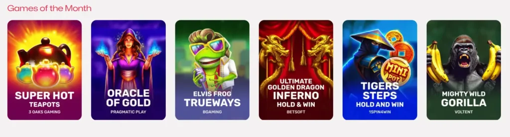 A selection of 'Games of the Month' slot thumbnails, showcasing popular titles at Ruby Reels casino.