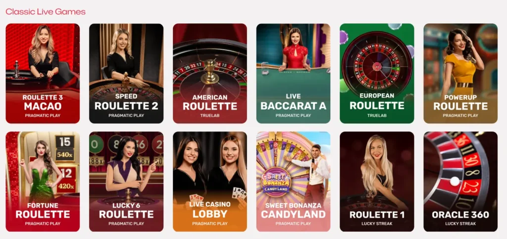 Classic Live Games section at Ruby Reels casino showing various live roulette and baccarat tables.