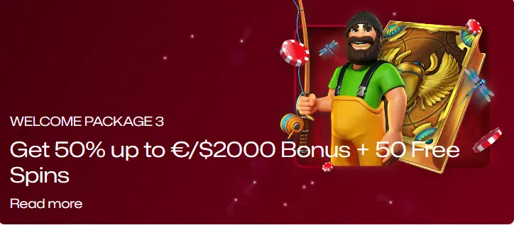 Promotional banner for Ruby Reels casino's third welcome package, offering a bonus and free spins.