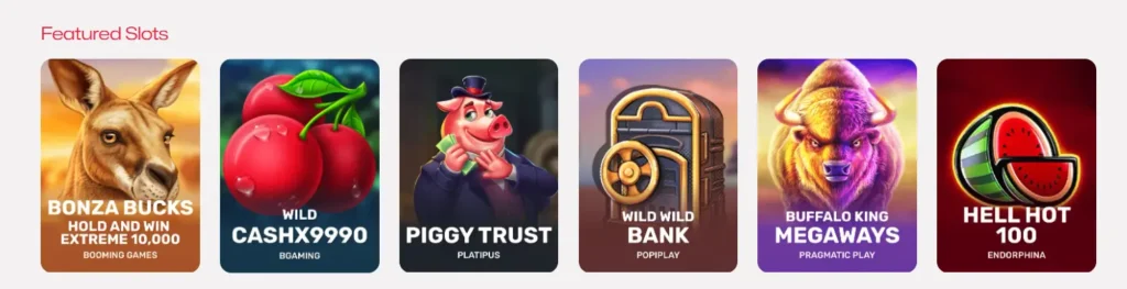 "A grid of featured slot game thumbnails on the Ruby Reels Casino website, showcasing popular titles.