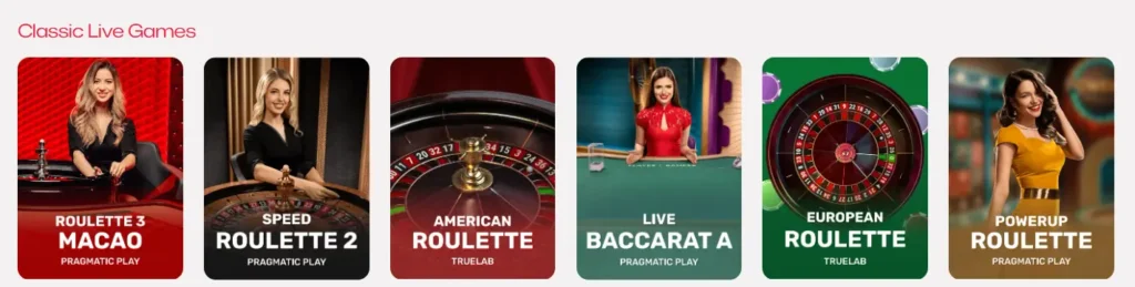 A row of six thumbnails under the "Classic Live Games" section, showcasing various live dealer games like roulette and baccarat on the Ruby Reels Casino website.