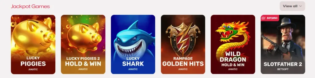 Jackpot Games grid on Ruby Reels Casino, showing a selection of slots with potential big wins.