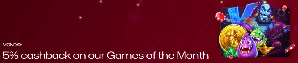 Ruby Reels Monday promotion banner offering 5% cashback on Games of the Month.