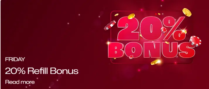 Ruby Reels Friday 20% Refill Bonus banner showing a weekly reload offer.