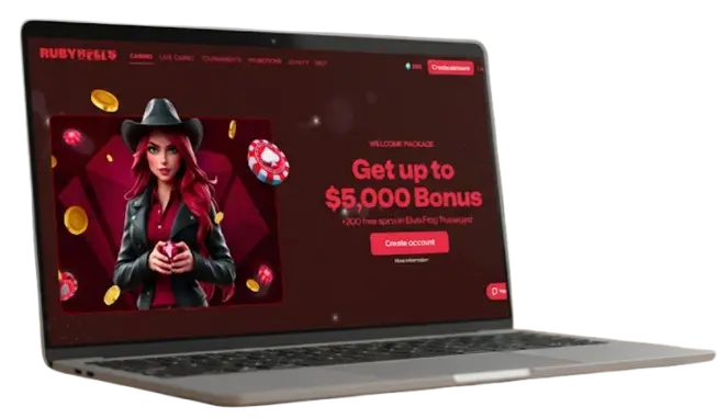 Laptop showing Ruby Reels casino homepage with a $5,000 welcome bonus offer for new players.