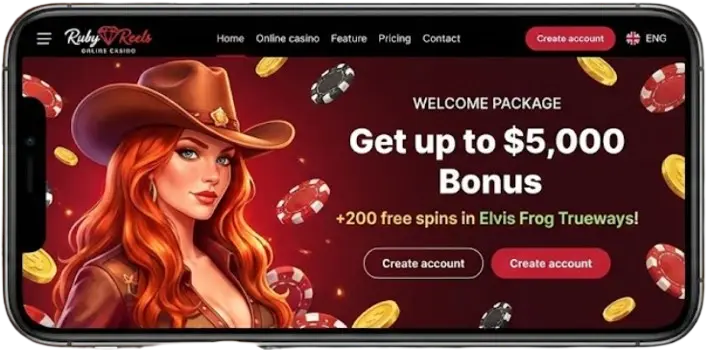 Ruby Reels mobile casino on a smartphone, displaying the $5,000 welcome bonus and free spins.