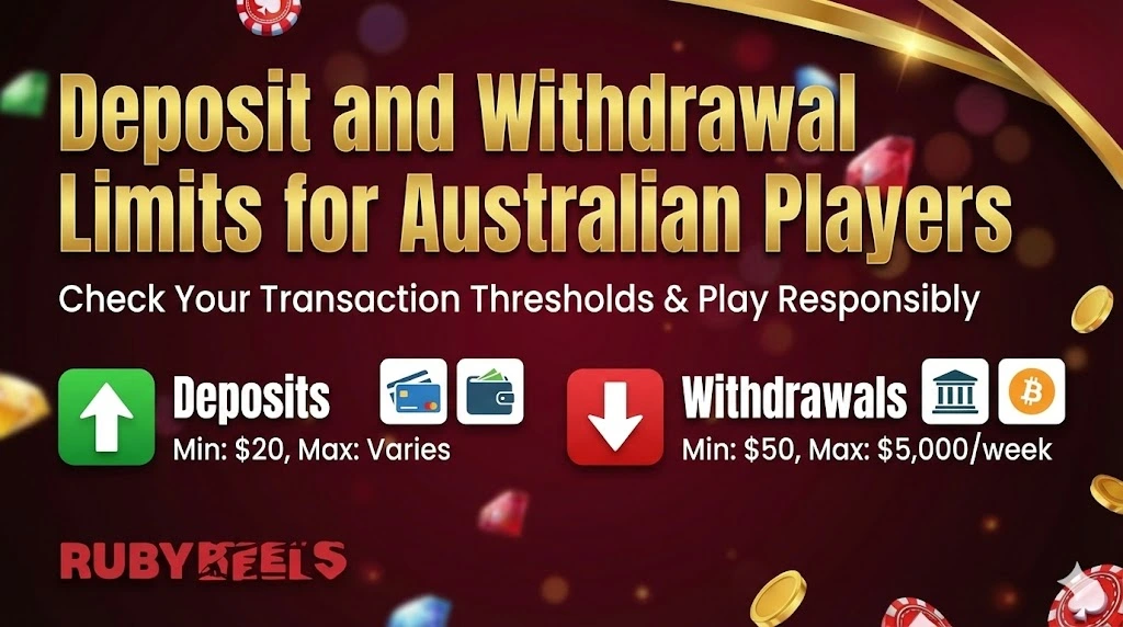 Ruby Reels banner with information about deposit and withdrawal limits for Australian players.
