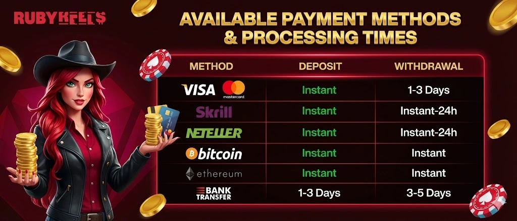 Table detailing payment methods, processing times for deposits and withdrawals at Ruby Reels.
