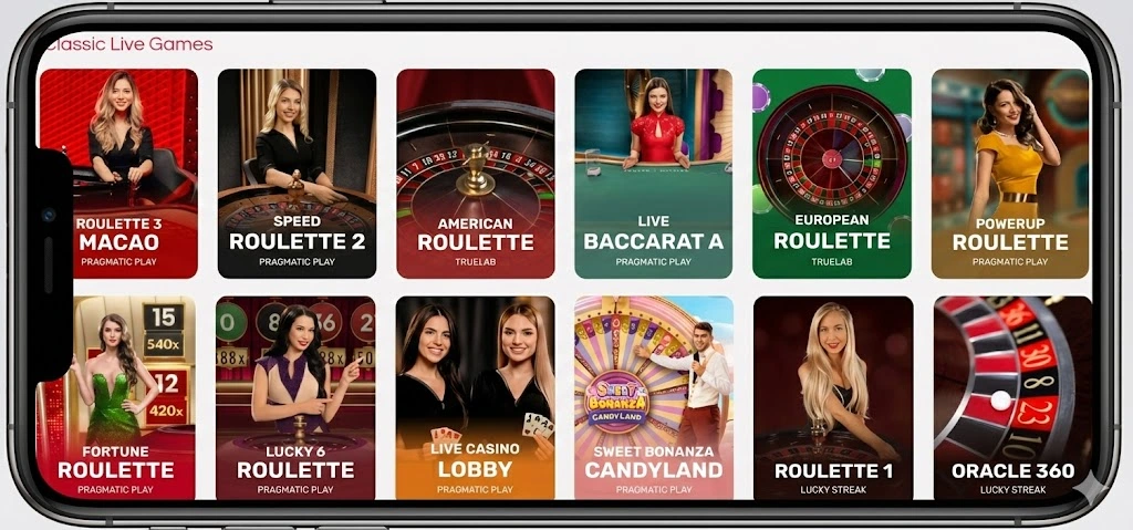 Mobile view of Classic Live Games section with dealer tiles on a smartphone.