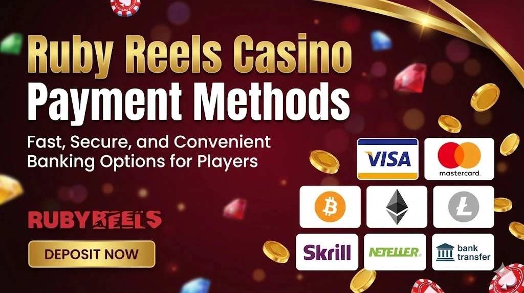 Ruby Reels Casino Payment Methods banner showing secure banking options and a 'Deposit Now' button.